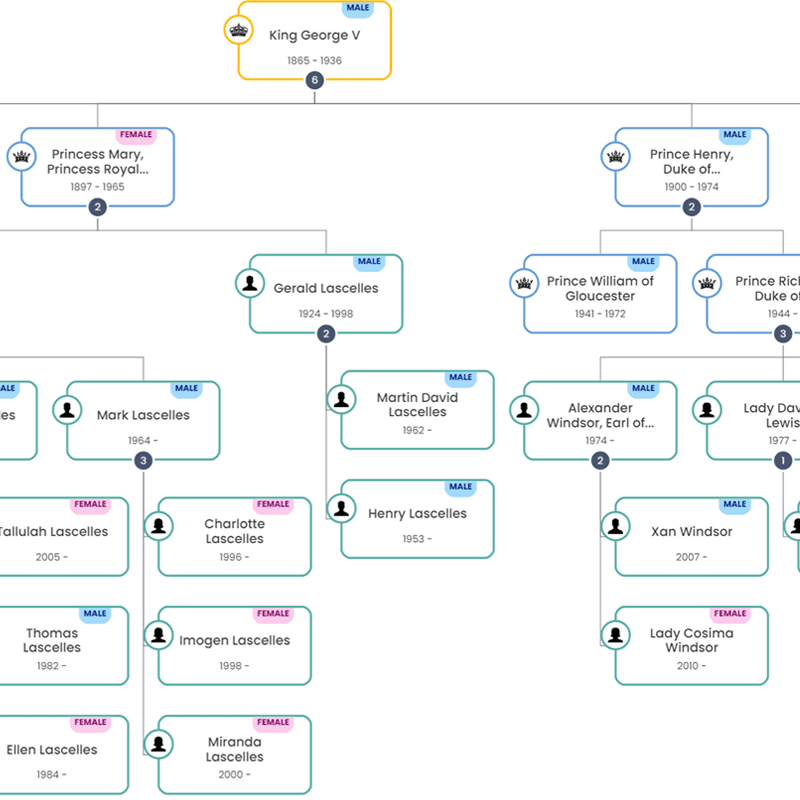 Shows a standard family tree.